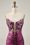 Strapless Bodycon Beaded Grape Homecoming Dress with Rhinestones