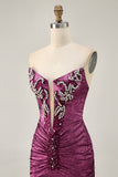 Strapless Bodycon Beaded Grape Homecoming Dress with Rhinestones
