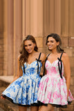 A Line Spaghetti Straps Corset Floral Short Homecoming Dress