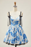 A Line Spaghetti Straps Corset Floral Short Homecoming Dress