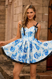 A Line Spaghetti Straps Corset Floral Short Homecoming Dress