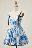 A Line Spaghetti Straps Corset Floral Short Homecoming Dress