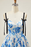 Floral White Blue Corset A Line Short Homecoming Dress