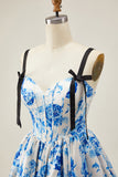 Floral White Blue Corset A Line Short Homecoming Dress