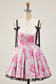 Fuchsia A Line Spaghetti Straps Corset Floral Short Homecoming Dress