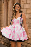 A Line Spaghetti Straps Corset Floral Short Homecoming Dress