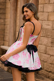 A Line Spaghetti Straps Corset Floral Short Homecoming Dress