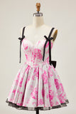A Line Spaghetti Straps Corset Floral Short Homecoming Dress