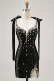 Sparkly Black Tight Rhinestones Short Homecoming Dress with Slit