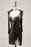 Sparkly Black Tight Rhinestones Short Homecoming Dress with Slit
