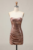 Sparkly Strapless Coffee Ruched Bodycon Homecoming Dress