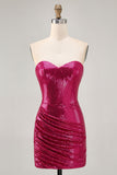 Sparkly Strapless Ruched Bodycon Fuchsia Homecoming Dress with Sequins