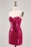Sparkly Strapless Ruched Bodycon Fuchsia Homecoming Dress with Sequins