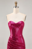 Sparkly Strapless Ruched Bodycon Fuchsia Homecoming Dress with Sequins