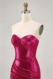Sparkly Strapless Ruched Bodycon Fuchsia Homecoming Dress with Sequins