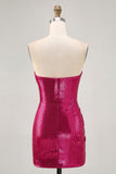Sparkly Strapless Ruched Bodycon Fuchsia Homecoming Dress with Sequins
