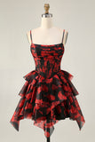 Black Red A Line Cowl Neck Corset Tiered Short Homecoming Dress