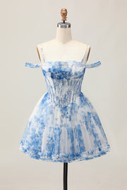 White Blue Flower A-Line Cold Shoulder Pearl Beaded Short Homecoming Dress
