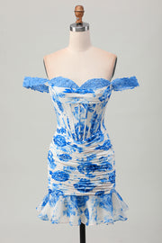 White Blue Flower Off the Shoulder Corset Short Homecoming Dress with Ruffles