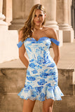 Off the Shoulder Ruffle White Fuchsia Flower Corset Short Homecoming Dress
