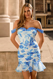 White Blue Flower Off the Shoulder Corset Satin Homecoming Dress with Ruffles