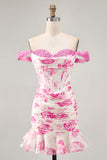 Off the Shoulder Ruffled White Fuchsia Flower Corset Short Homecoming Dress