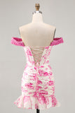Off the Shoulder Ruffled White Fuchsia Flower Corset Short Homecoming Dress