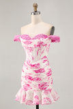 Off the Shoulder Ruffled White Fuchsia Flower Corset Short Homecoming Dress
