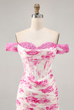 Off the Shoulder Ruffled White Fuchsia Flower Corset Short Homecoming Dress