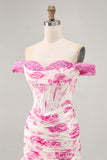 Off the Shoulder Ruffled White Fuchsia Flower Corset Short Homecoming Dress