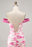 Off the Shoulder Ruffled White Fuchsia Flower Corset Short Homecoming Dress