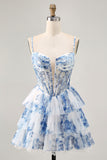White Blue Flower Tiered Beaded A Line Printed Homecoming Dress