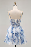 White Blue Flower Tiered Beaded A Line Printed Homecoming Dress
