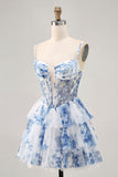 White Blue Flower Tiered Beaded A Line Printed Homecoming Dress