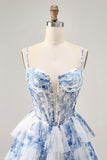 White Blue Flower Tiered Beaded A Line Printed Homecoming Dress
