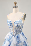 White Blue Flower Tiered Beaded A Line Printed Homecoming Dress