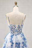 White Blue Flower Tiered Beaded A Line Printed Homecoming Dress