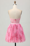 Pink Flower Bodycon Strapless Corset Short Homecoming Dress with Bow