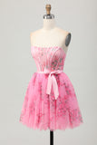 Pink Flower Bodycon Strapless Corset Short Homecoming Dress with Bow