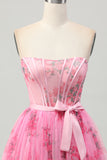 Pink Flower Bodycon Strapless Corset Short Homecoming Dress with Bow
