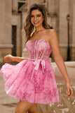 Pink Flower A-Line Corset Strapless Short Homecoming Dress