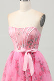 Pink Flower Bodycon Strapless Corset Short Homecoming Dress with Bow