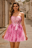 Pink Flower A-Line Corset Strapless Short Homecoming Dress