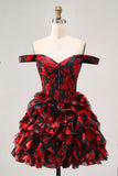Off The Shoulder Beaded Black Red A Line Ruffled Homecoming Dress