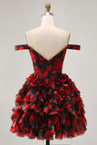Off The Shoulder Beaded Black Red A Line Ruffled Homecoming Dress