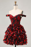 Off The Shoulder Beaded Black Red A Line Ruffled Homecoming Dress