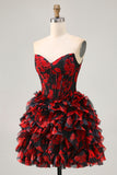 Off The Shoulder Beaded Black Red A Line Ruffled Homecoming Dress