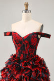 Off The Shoulder Beaded Black Red A Line Ruffled Homecoming Dress