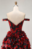 Off The Shoulder Beaded Black Red A Line Ruffled Homecoming Dress