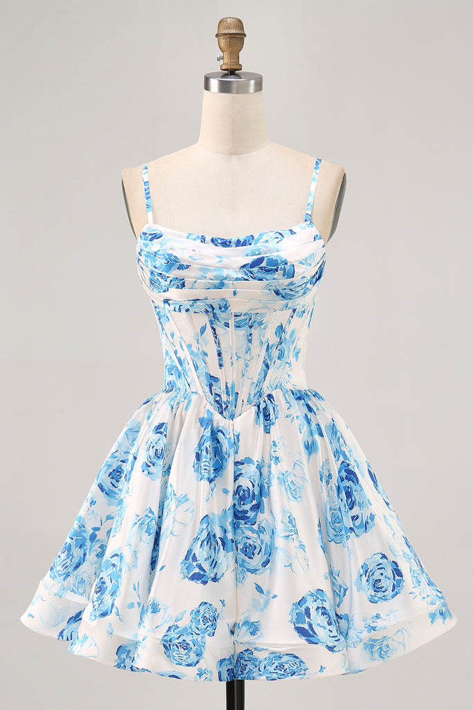 Zapaka Women White Blue Flower Dress A Line Printed Corset — free download